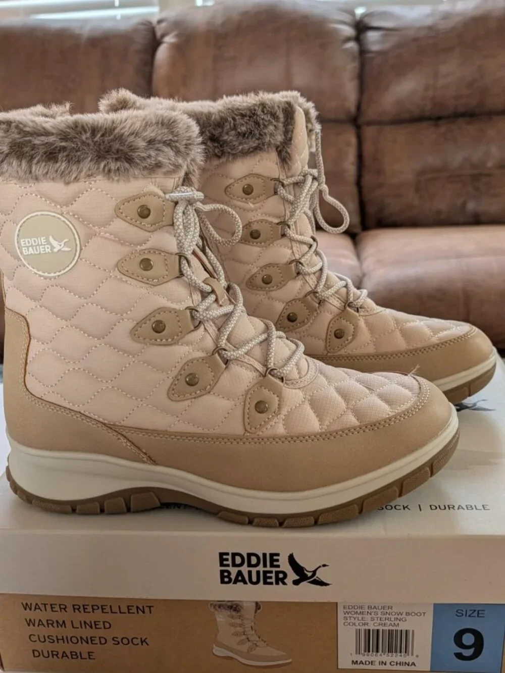 Eddie Bauer Women's Sterling Faux Fur Trim Snow Boot, Cream Size 6 or 9 - New